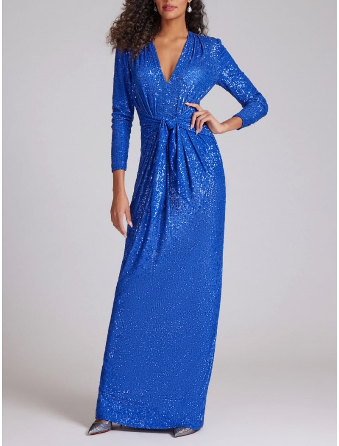 Sheath / Column Evening Gown Elegant Dress Formal Fall Floor Length Long Sleeve V Neck Sequined with Glitter Ruched