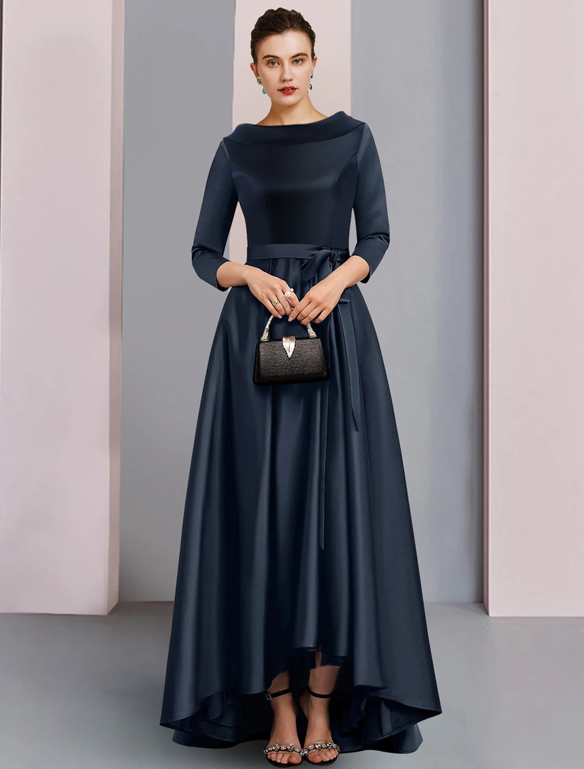 A-Line Mother of the Bride Dress Formal Wedding Guest Elegant High Low Bateau Neck Asymmetrical Ankle Length Satin 3/4 Length Sleeve with Bow(s) Pleats