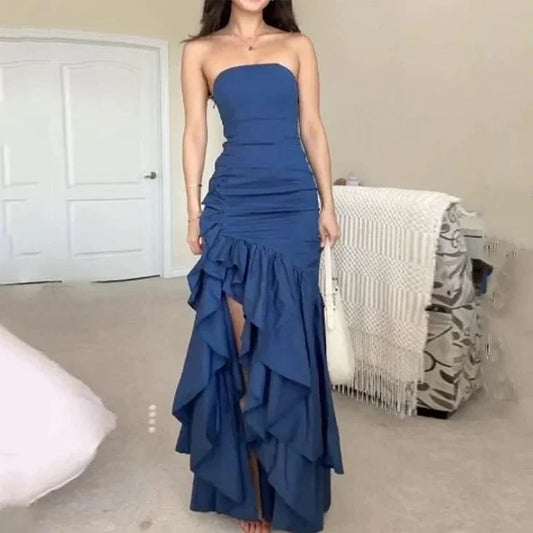 Strapless ruffle edge navy blue fish tail and floor length evening gown