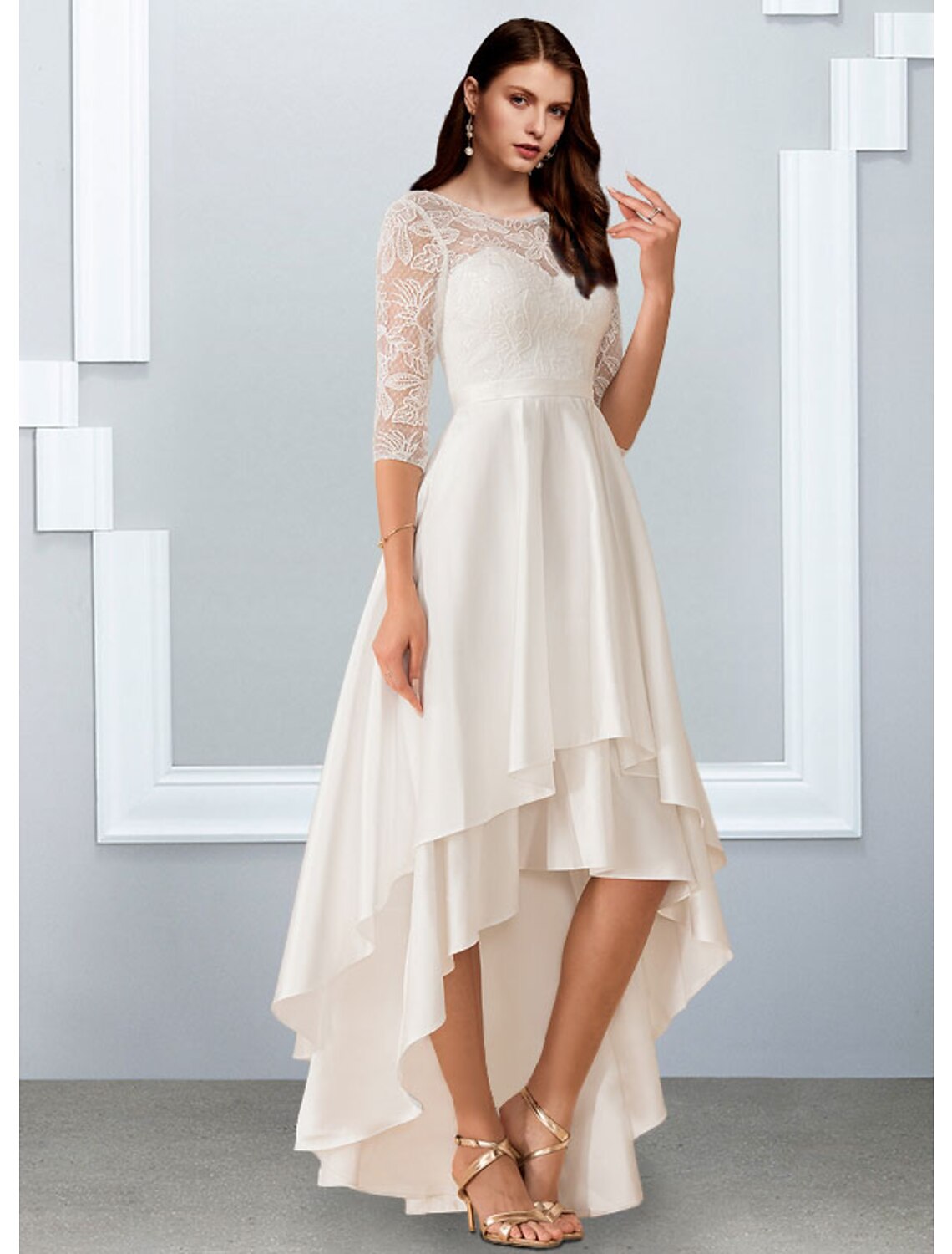 Reception Little White Dresses Wedding Dresses A-Line Illusion Neck Half Sleeve Asymmetrical Chiffon Bridal Gowns With Cascading Ruffles