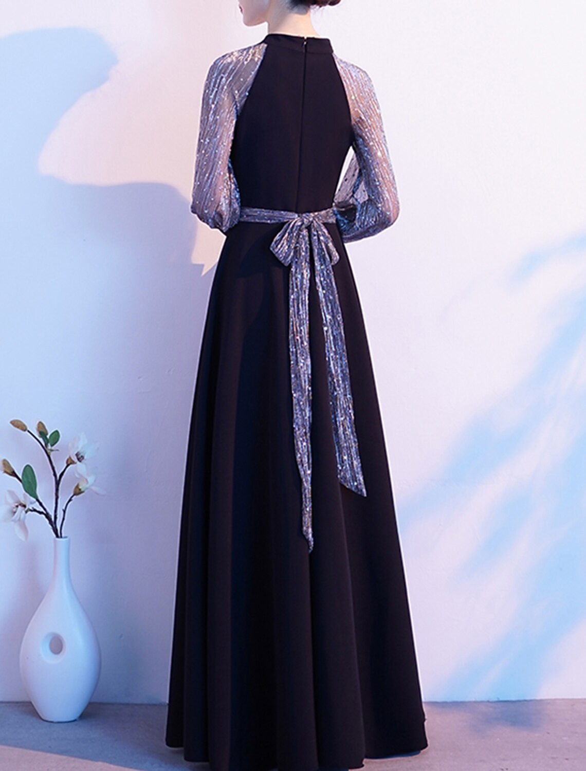 A-Line Evening Gown Elegant Dress Wedding Guest Formal Evening Floor Length Long Sleeve Halter Neck Spandex with Sash / Ribbon