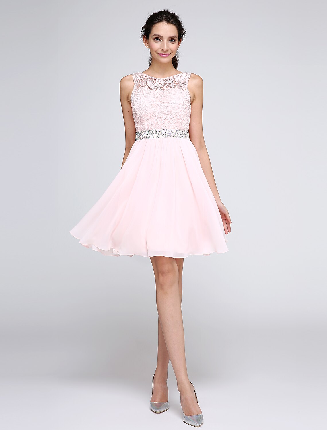 A-Line Special Occasion Dresses Party Dress Homecoming Graduation Short / Mini Sleeveless Illusion Neck Pink Dress Chiffon V Back Low Back with Crystals