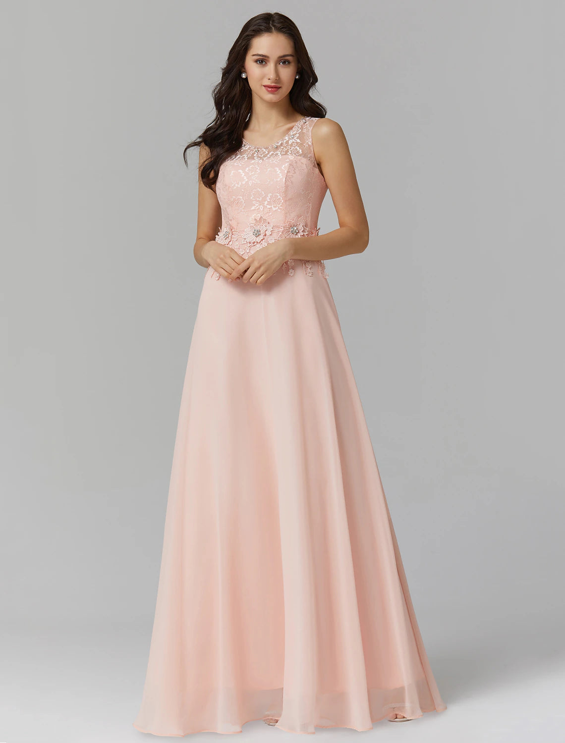 A-Line Empire Dress Wedding Guest Prom Floor Length Sleeveless Illusion Neck Bridesmaid Dress Chiffon with Beading Appliques