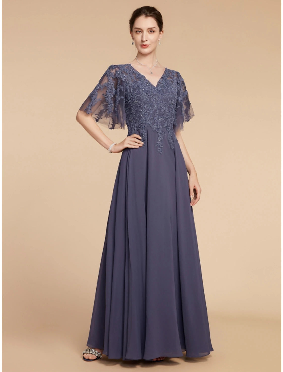 A-Line Mother of the Bride Dress Wedding Guest Elegant V Neck Floor Length Chiffon Lace Short Sleeve with Sequin Ruching Solid Color