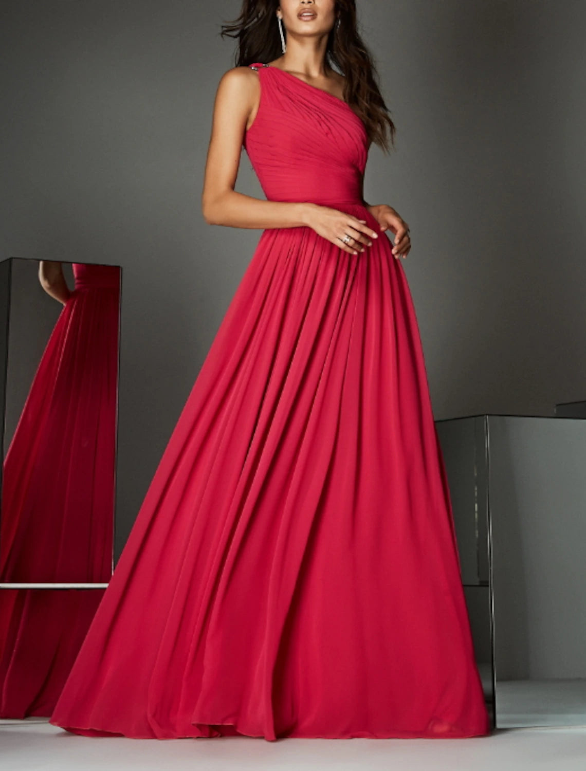 A-Line Empire Wedding Guest Formal Evening Dress Formal Red Green Dress One Shoulder Sleeveless Sweep / Brush Train Chiffon with Pleats Ruched