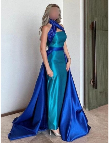 A-Line Evening Gown Elegant Dress Formal Court Train Sleeveless Halter Neck Satin with Pleats