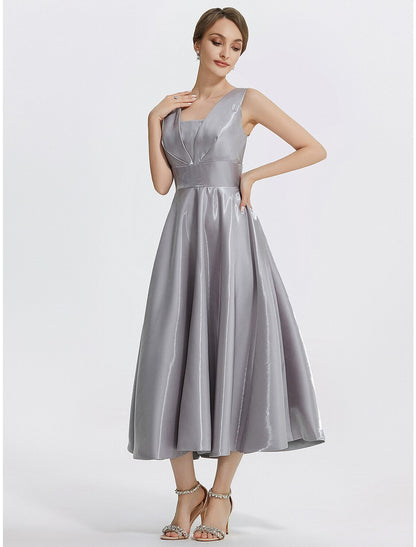 A-Line Cocktail Dresses Elegant Dress Formal Wedding Guest Tea Length Sleeveless V Neck Satin with Pocket