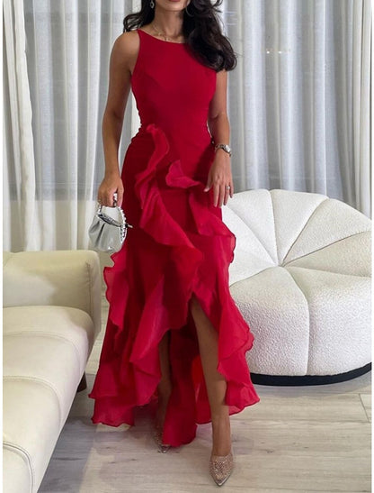 A-Line Evening Gown Elegant Dress Formal Ankle Length Christmas Red Green Dress Sleeveless Scoop Neck Stretch Chiffon with Ruffles Slit