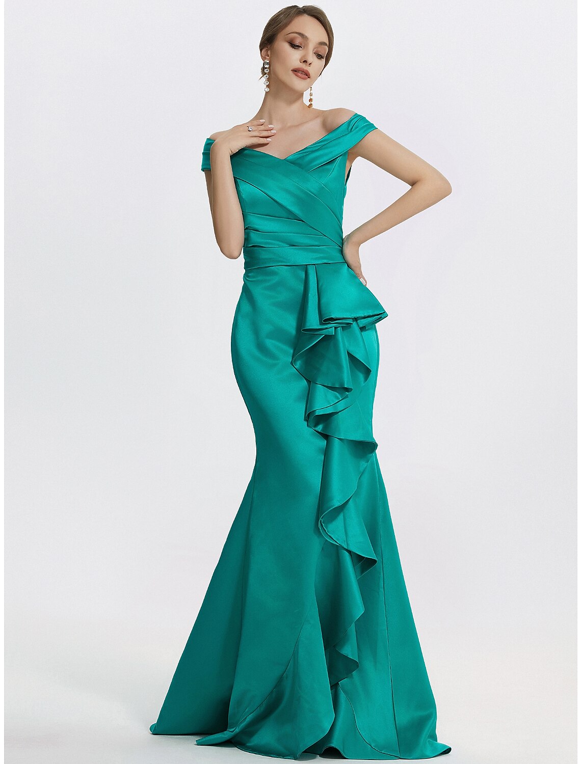 Sheath / Column Evening Gown Elegant Dress Formal Floor Length Sleeveless Off Shoulder Satin with Ruffles