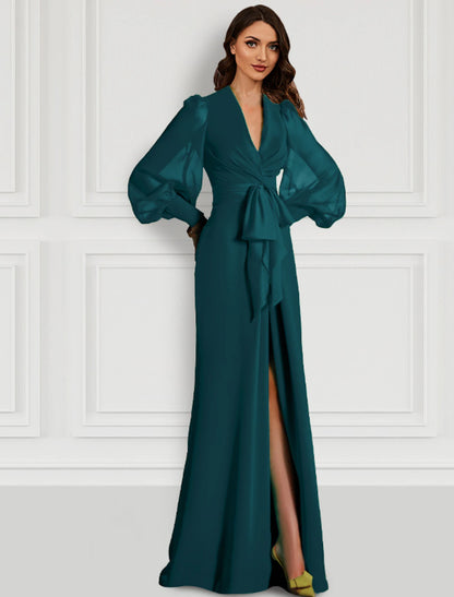 Mermaid Red Green Dress Evening Gown Elegant Dress With Bow Formal Wedding Guest Sweep / Brush Train Long Sleeve V Neck Fall Wedding Guest Chiffon with Slit Strappy