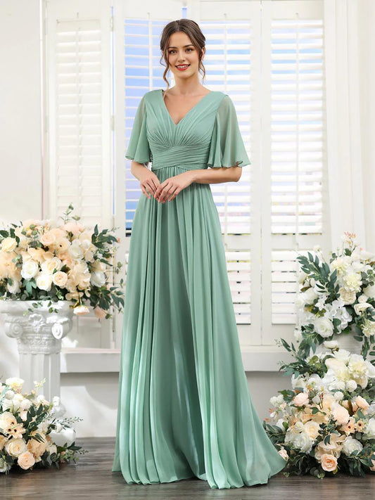 A-shaped V-shaped leader bridesmaid dress suitable for wedding guests long chiffon formal slit party dress