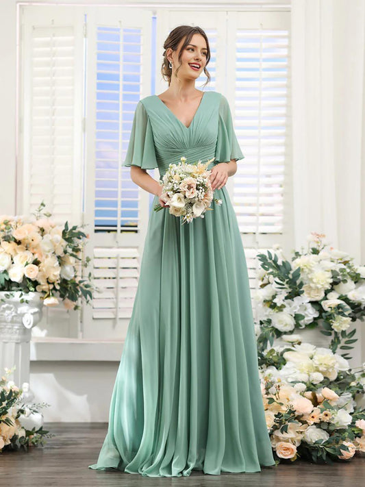 A-shaped V-shaped leader bridesmaid dress suitable for wedding guests long chiffon formal slit party dress