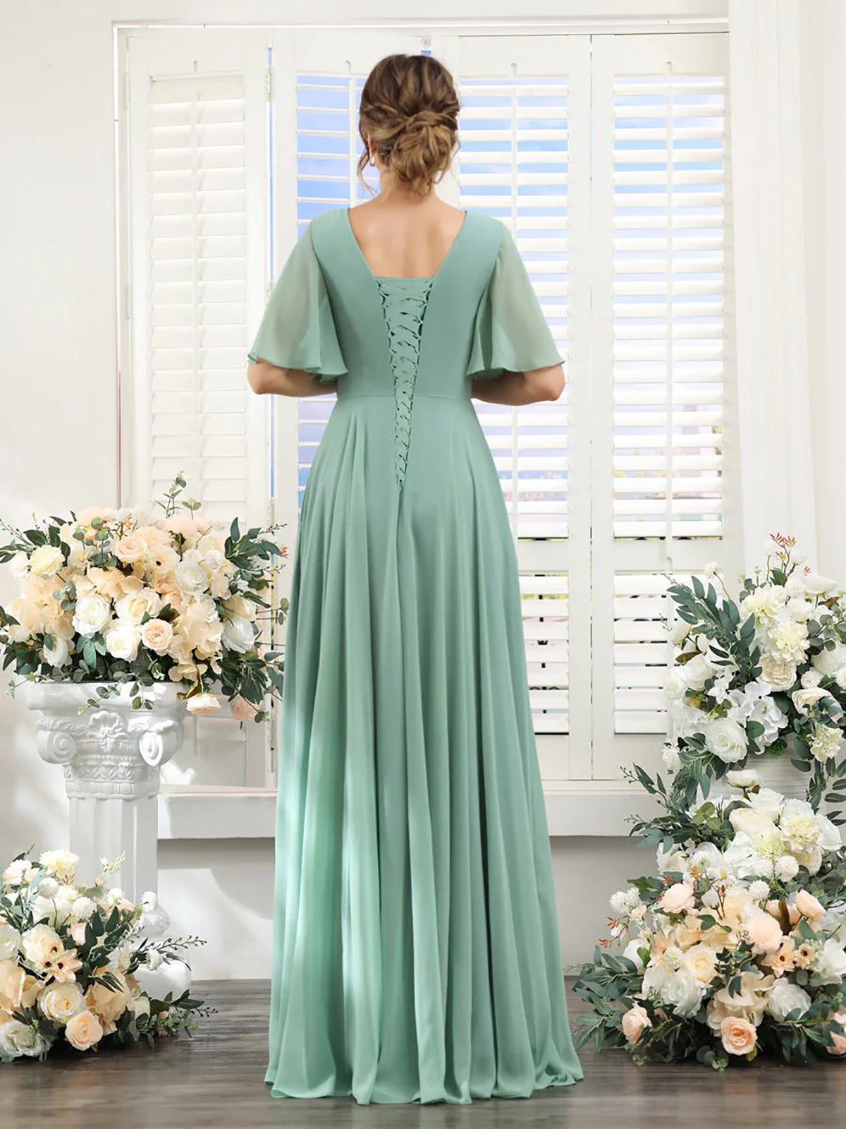 A-shaped V-shaped leader bridesmaid dress suitable for wedding guests long chiffon formal slit party dress