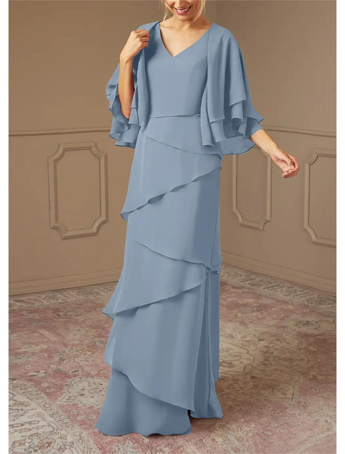 A-Line Mother of the Bride Dress Formal Wedding Guest Elegant V Neck Floor Length Chiffon Half Sleeve Wrap Included with Cascading Ruffles Solid Color