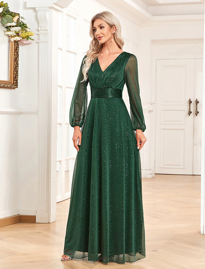 A-Line Evening Gown Sparkle & Shine Dress Formal Wedding Party Dress Floor Length Long Sleeve V Neck Chiffon with Sequin