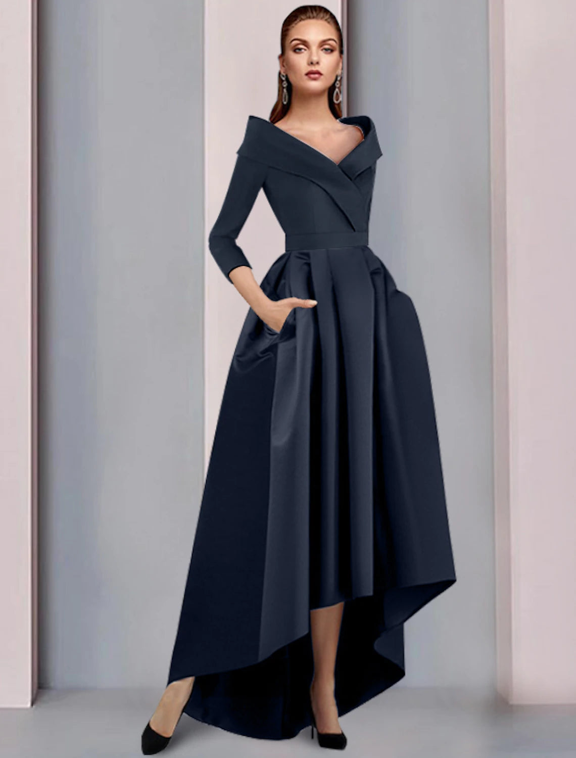 A-Line Mother of the Bride Dress Wedding Guest Elegant High Low Sweet Spaghetti Strap Asymmetrical Tea Length Satin 3/4 Length Sleeve with Pleats Fall