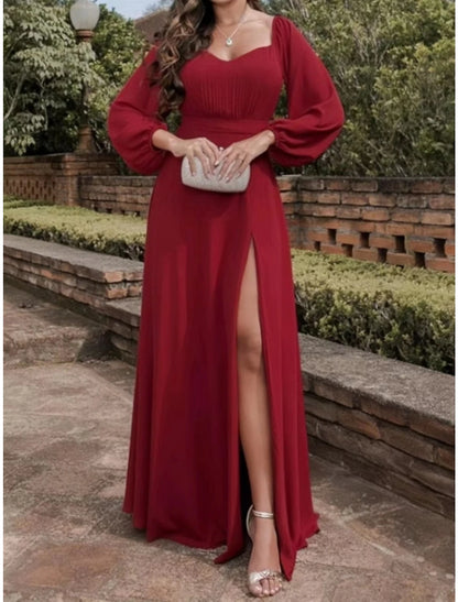 Sheath / Column Wedding Guest Dresses Elegant Dress Wedding Guest Floor Length Long Sleeve Off Shoulder Chiffon with Ruched Slit