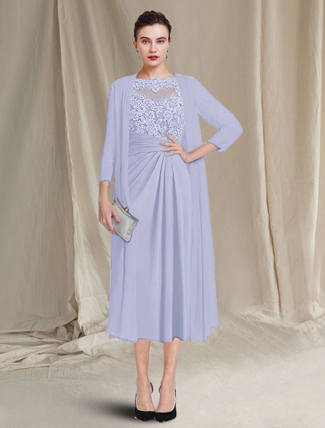 Two Piece A-Line Mother of the Bride Dress Plus Size Elegant Jewel Neck Tea Length Chiffon Lace Half Sleeve Jacket Dresses with Crystals Appliques