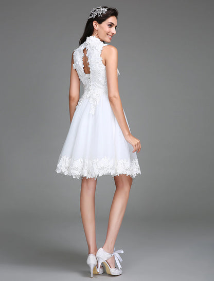 Little White Dresses Wedding Dresses Knee Length A-Line Regular Straps High Neck Lace With Lace