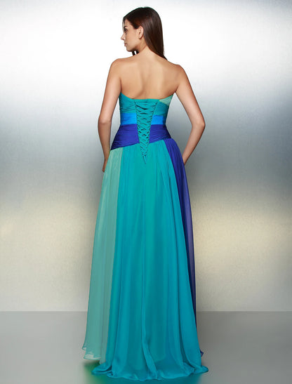 A-Line Color Block Dress Wedding Guest Prom Floor Length Sleeveless Sweetheart Chiffon Backless with Ruched Crystals