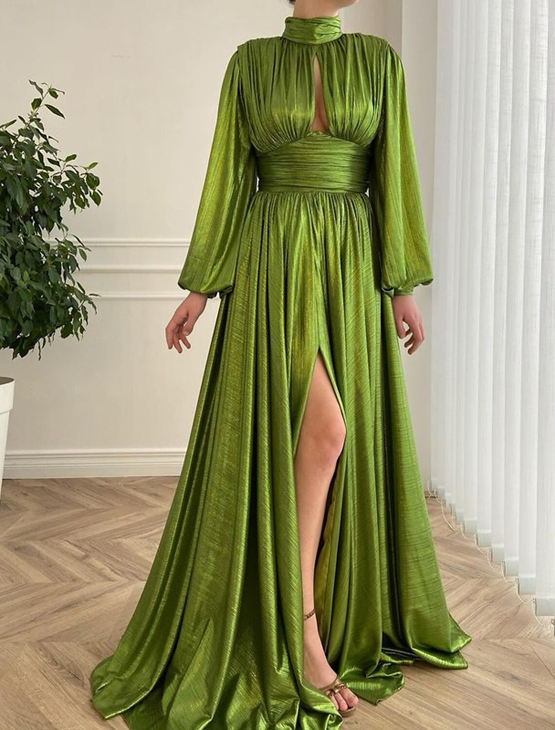 A-Line Evening Gown Elegant Dress Red Green Dress Party Wear Court Train Long Sleeve High Neck Taffeta with Pleats Slit