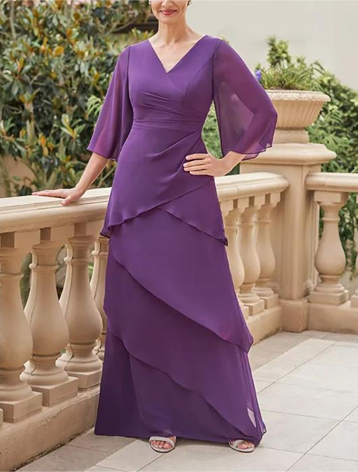 A-Line Mother of the Bride Dress Formal Wedding Guest Elegant V Neck Floor Length Chiffon Half Sleeve with Cascading Ruffles Ruching Solid Color