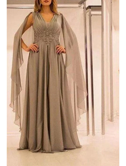 A-Line Plus Size Curve Mother of the Bride Dresses Elegant Cape Dress Dress Formal Wedding Guest Floor Length Short Sleeve V Neck Chiffon with Pleats Beading