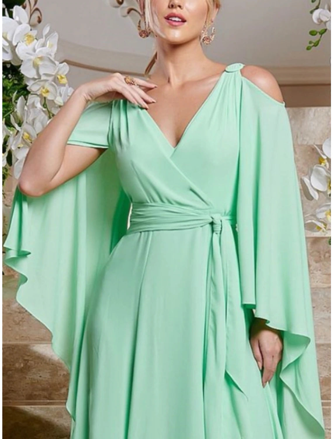 Sheath / Column Wedding Guest Dresses Elegant Dress Wedding Guest Floor Length Long Sleeve V Neck Chiffon with Pleats Ruffles