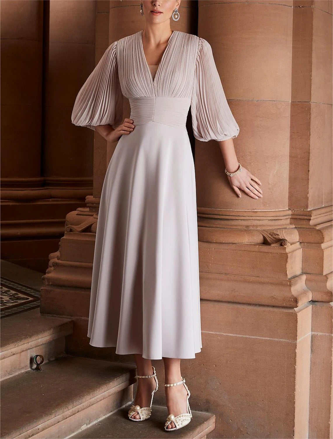 A-Line Mother of the Bride Dress Formal Wedding Guest Elegant V Neck Ankle Length Chiffon 3/4 Length Sleeve with Ruched Solid Color