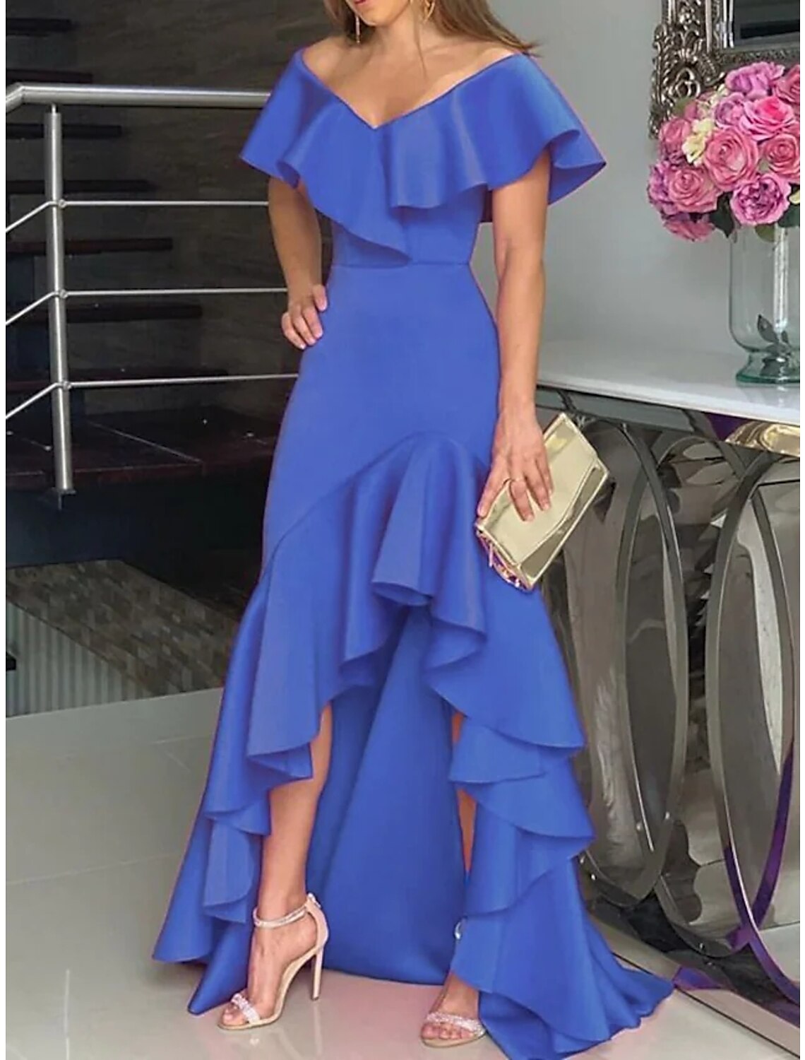 A-Line Wedding Guest Dresses Elegant Dress Wedding Party Semi Formal Asymmetrical Sleeveless V Neck Satin with Ruffles Slit