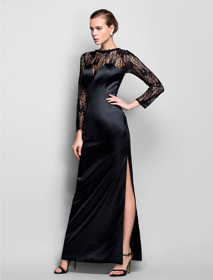 Sheath / Column See Through Vintage Inspired Formal Evening Military Ball Dress Illusion Neck Long Sleeve Floor Length Lace Stretch Satin with Split Front