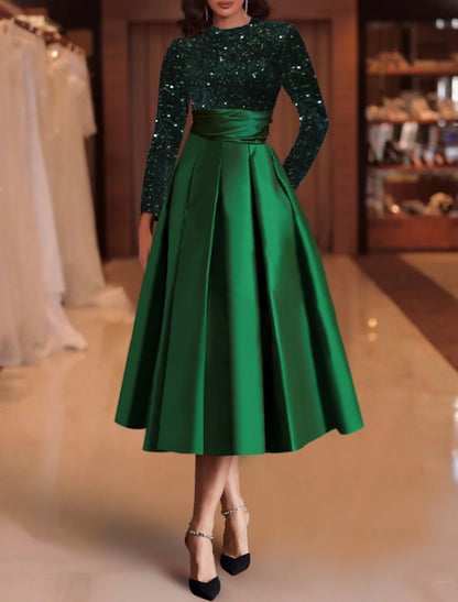 A-Line Cocktail Dresses Elegant Dress Red Green Dress Wedding Guest Tea Length Long Sleeve Jewel Neck Satin with Pleats Sequin