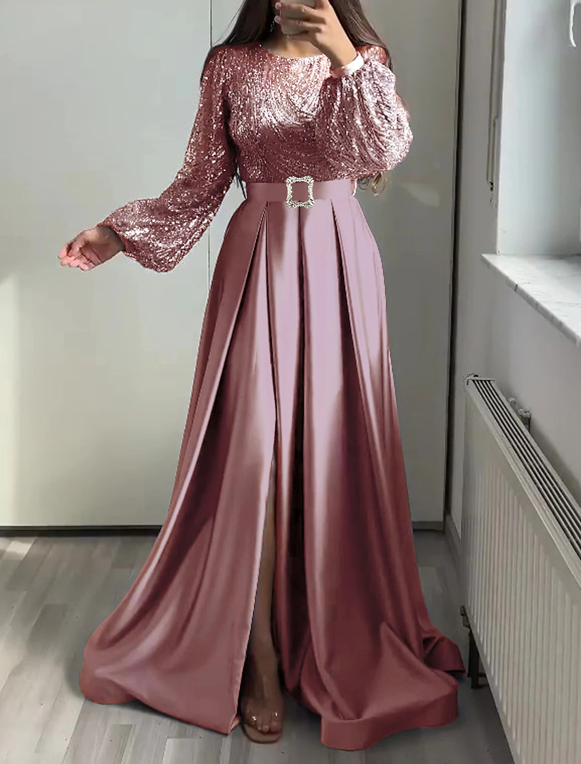 A-Line Evening Gown Elegant Dress Wedding Black Tie Floor Length Long Sleeve Jewel Neck Fall Wedding Guest Satin with Sequin